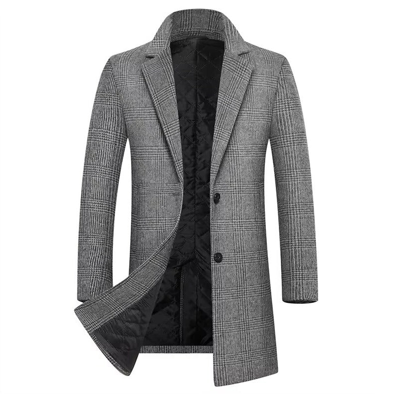 Men's Plaid Wool Coat with Cotton Padding and Lapel Collar - Image 2