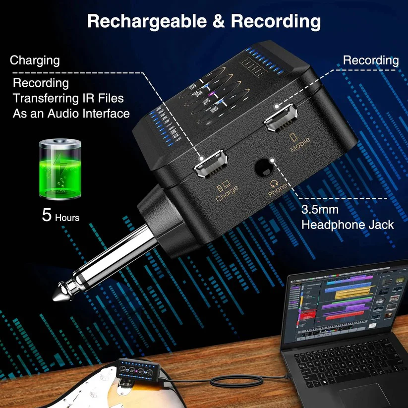 Mini Headphone Guitar Amplifier with 10 Preamps and USB Recording - Image 6