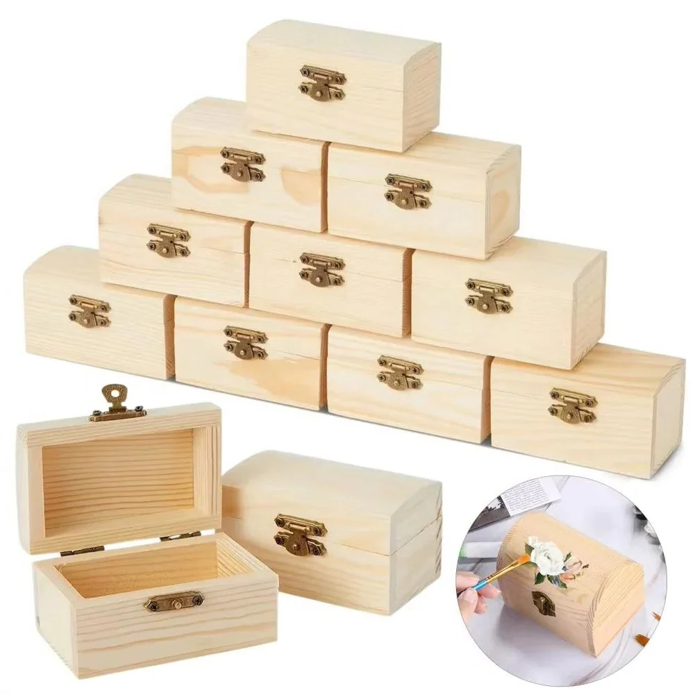 Pine Wood Treasure Chest with Hinged Lid and Locking Clasp for DIY Projects - Image 3