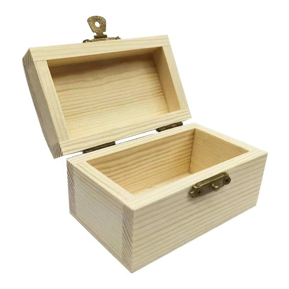 Pine Wood Treasure Chest with Hinged Lid and Locking Clasp for DIY Projects - Image 6