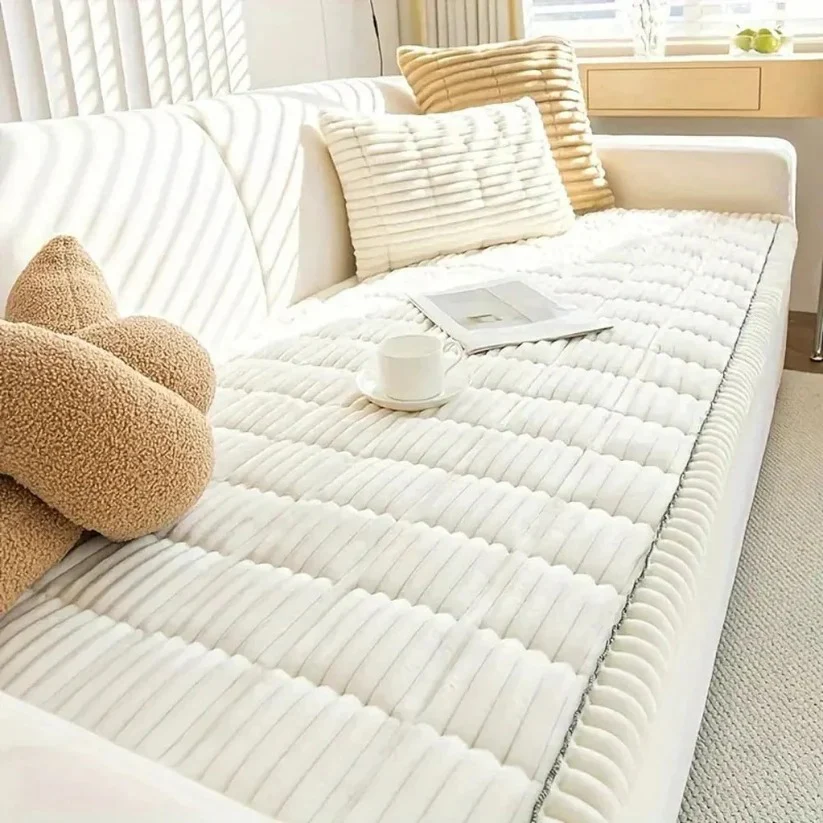 Plush Sofa Slipcover with Pleated Skirt Design - Image 2