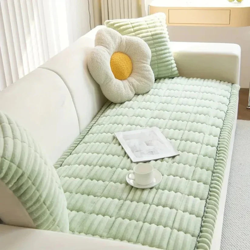 Plush Sofa Slipcover with Pleated Skirt Design - Image 4