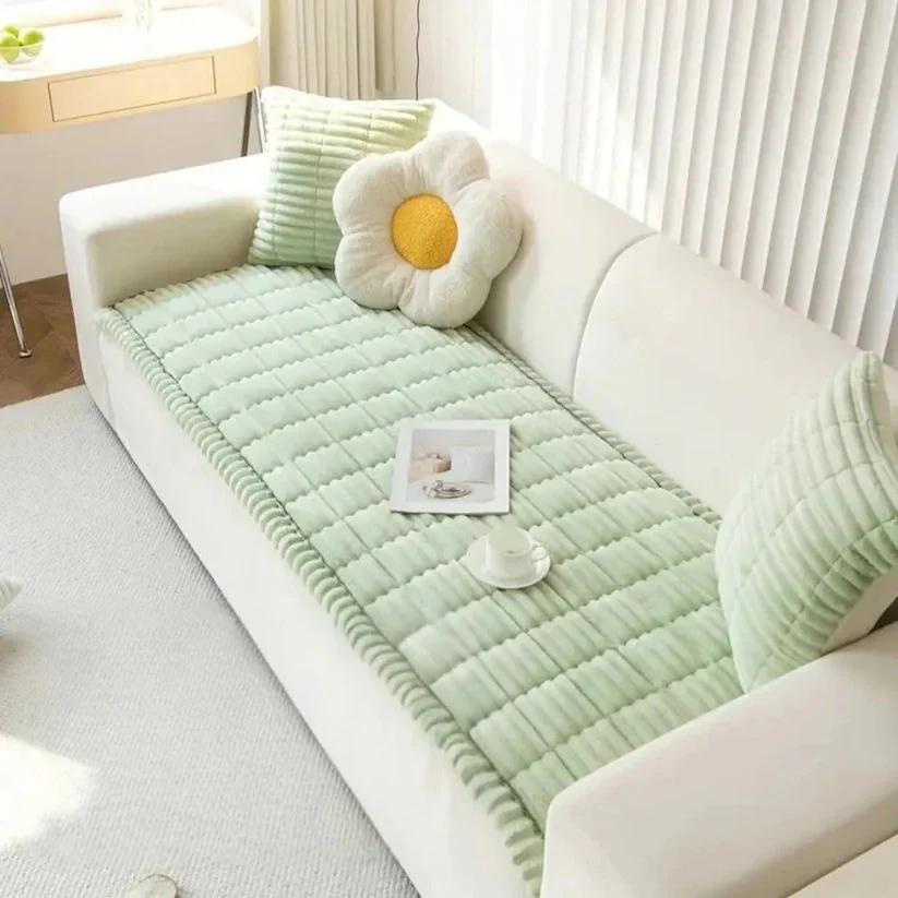 Plush Sofa Slipcover with Pleated Skirt Design - Image 7
