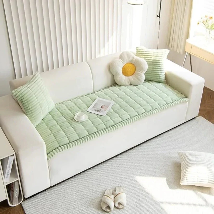 Plush Sofa Slipcover with Pleated Skirt Design - Image 9