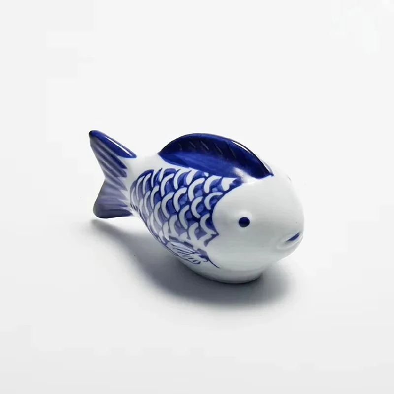 Porcelain Koi Fish Desktop Ornament with Blue and White Pattern - Image 2