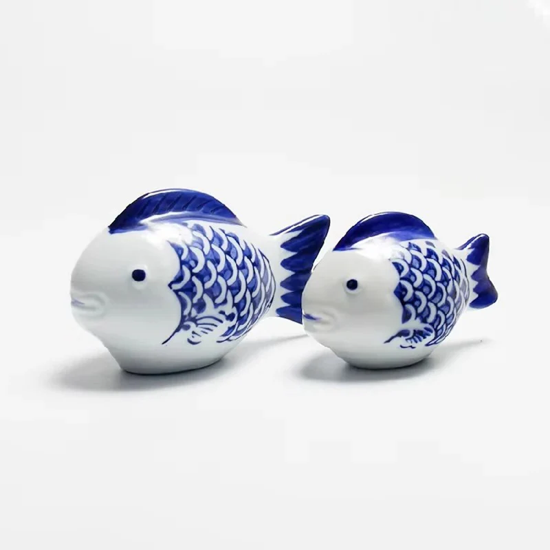 Porcelain Koi Fish Desktop Ornament with Blue and White Pattern - Image 3