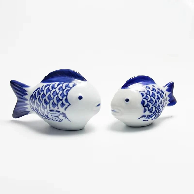 Porcelain Koi Fish Desktop Ornament with Blue and White Pattern - Image 4