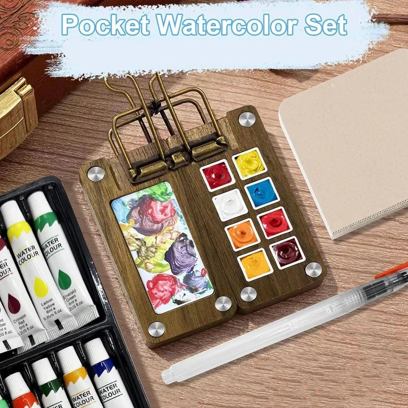 Portable Travel Watercolor Set with Mini Palette, Paint Brush and Sketchbook - Image 4