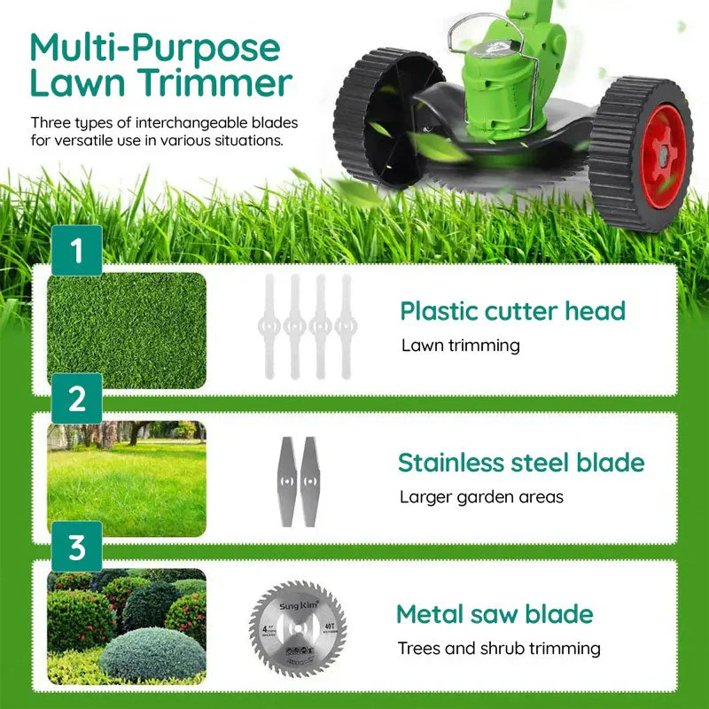 Battery Powered Cordless Grass Trimmer with Wheels and 3 Blade Types - Image 10