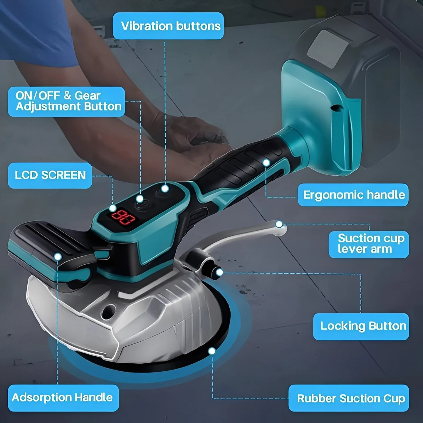 Rechargeable Tile Suction Cup Tool with Vibration and LCD Screen - Image 4