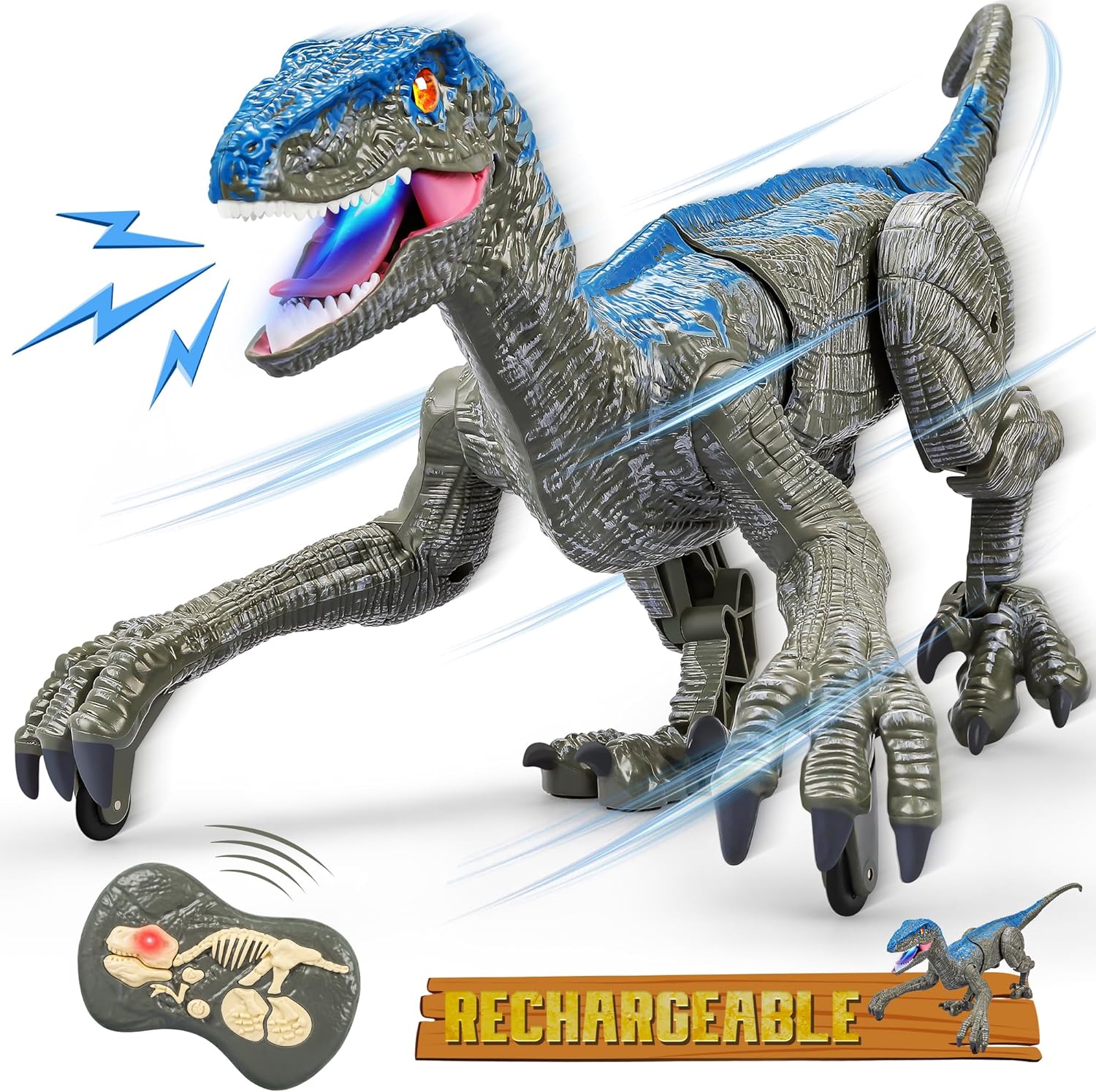 Remote Control Velociraptor Dinosaur Toy with Lights and Sounds - Image 2