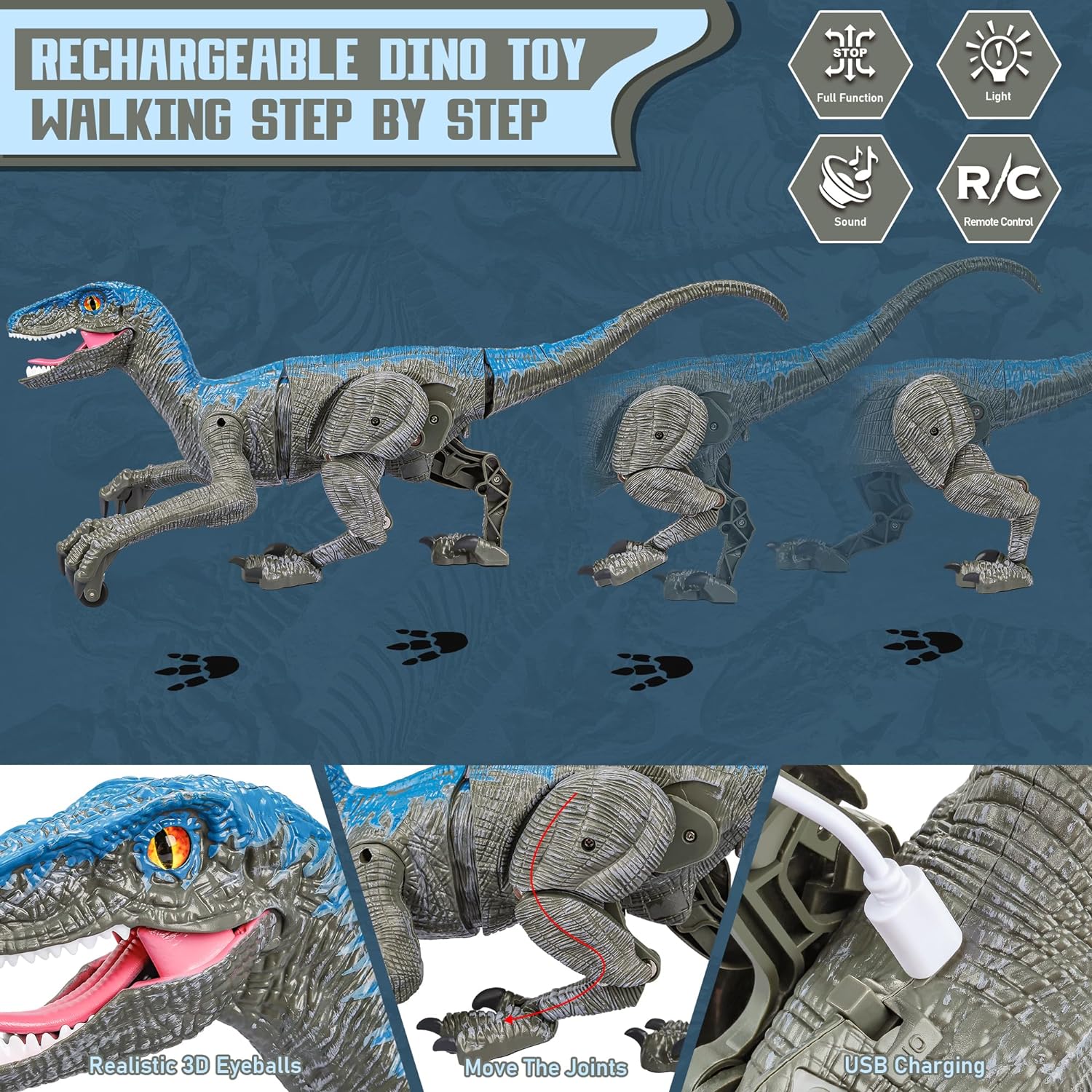 Remote Control Velociraptor Dinosaur Toy with Lights and Sounds - Image 5