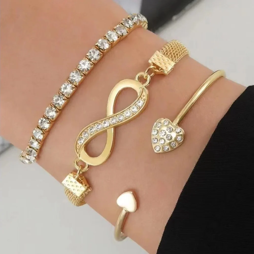 Rhinestone Bracelet Set, 3 Pieces Heart and Infinity Charms for Women - Image 2