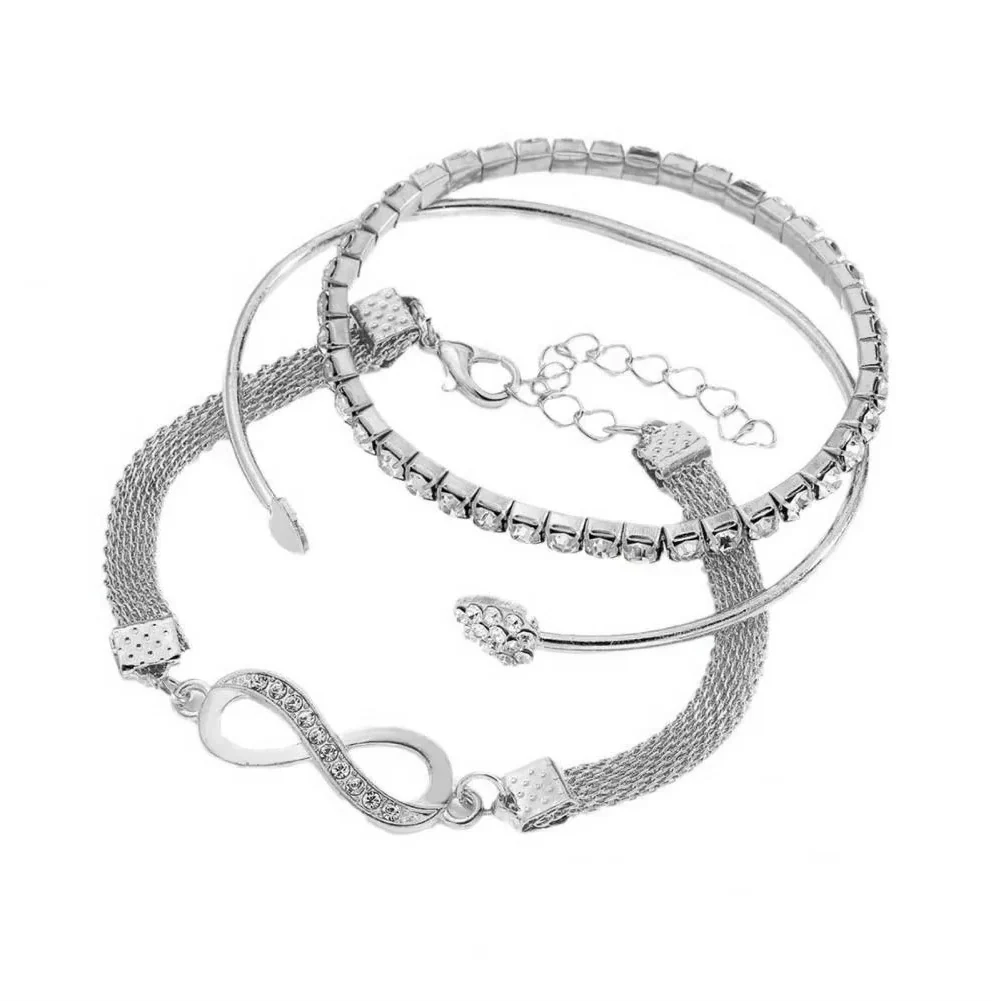 Rhinestone Bracelet Set, 3 Pieces Heart and Infinity Charms for Women - Image 3