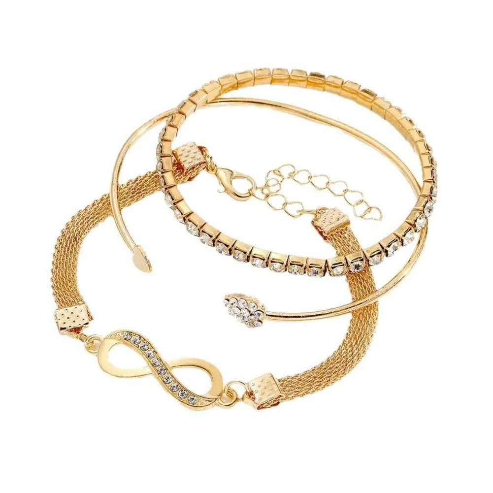 Rhinestone Bracelet Set, 3 Pieces Heart and Infinity Charms for Women - Image 4