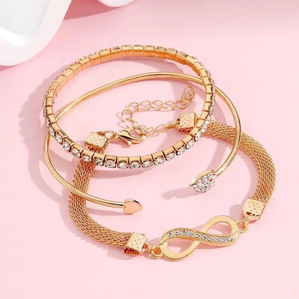 Rhinestone Bracelet Set, 3 Pieces Heart and Infinity Charms for Women - Image 5