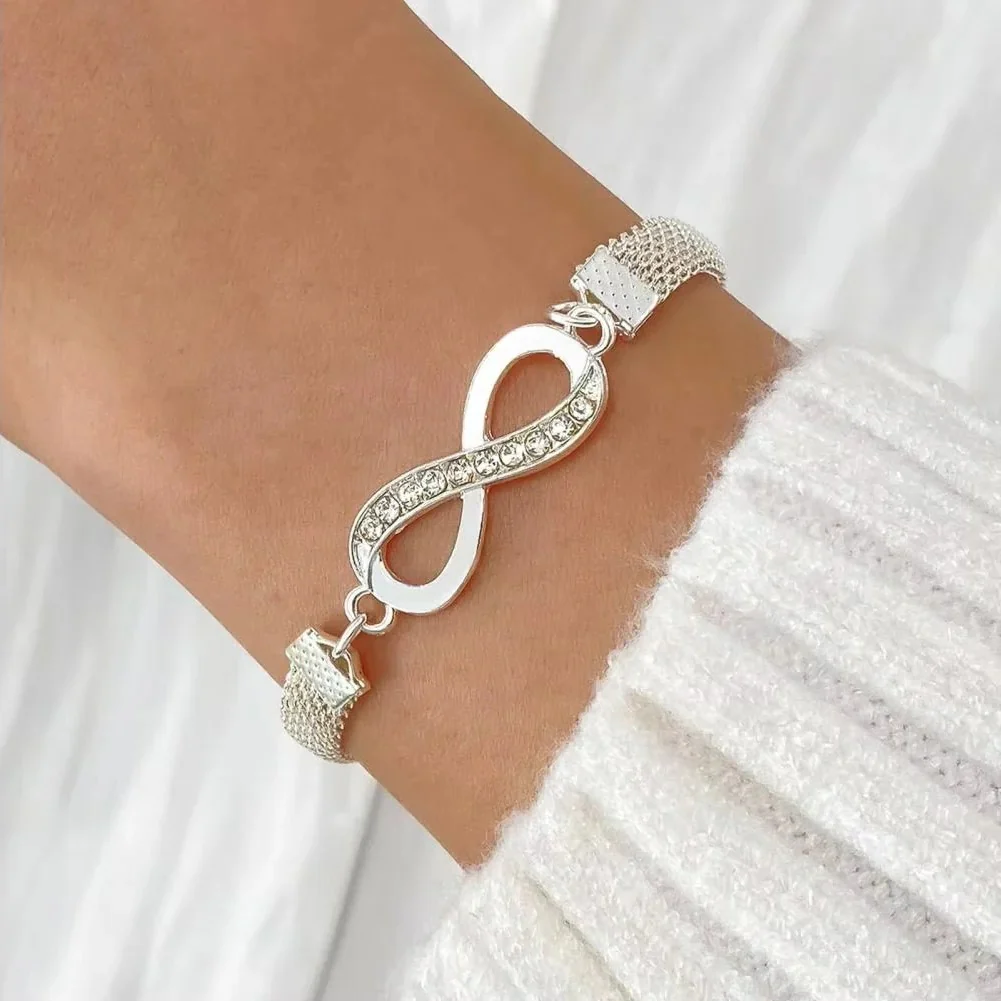 Rhinestone Bracelet Set, 3 Pieces Heart and Infinity Charms for Women - Image 6