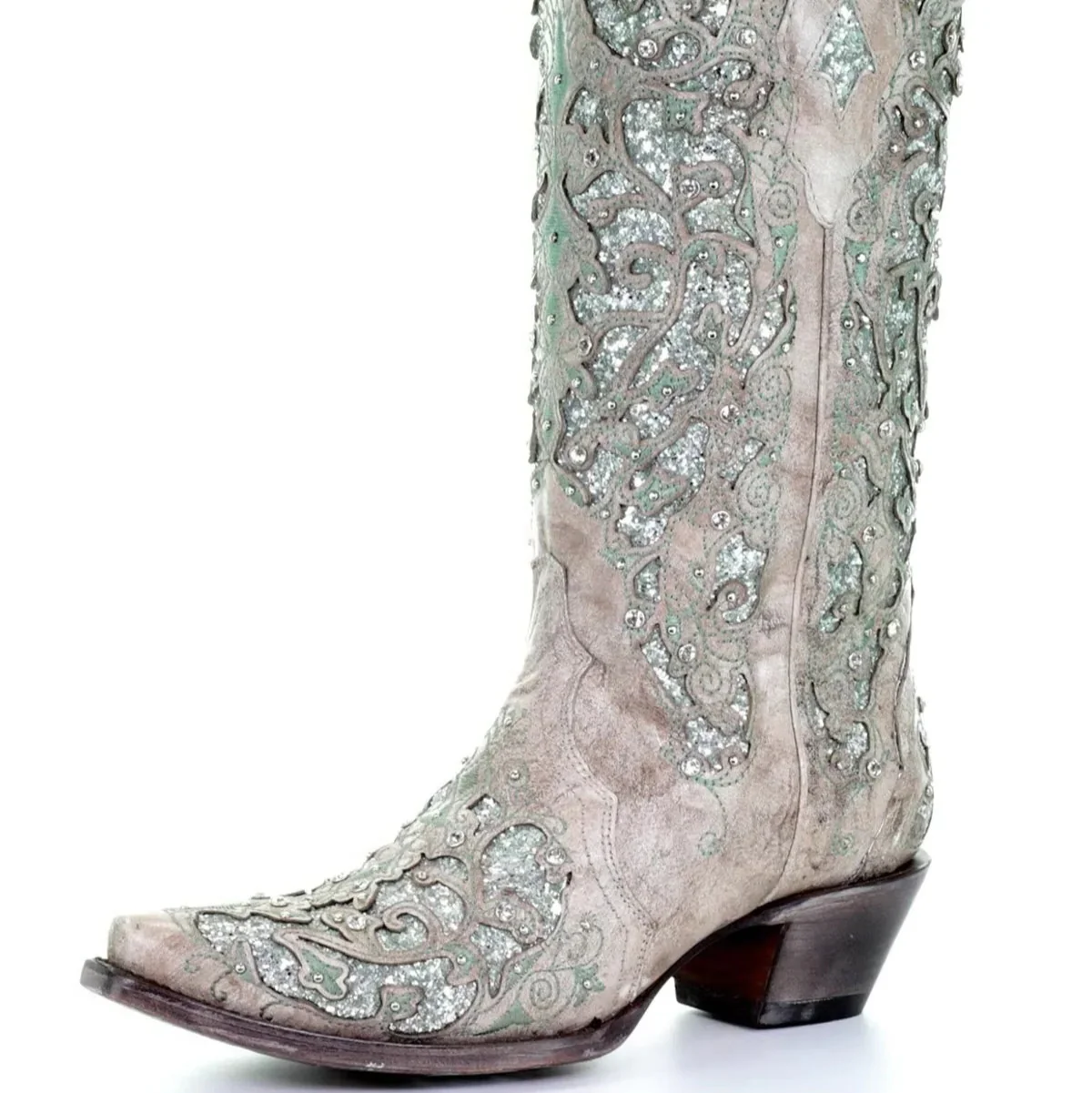 Sequined Embroidered Pointed Toe Boots with Color Block Heel Design - Image 3