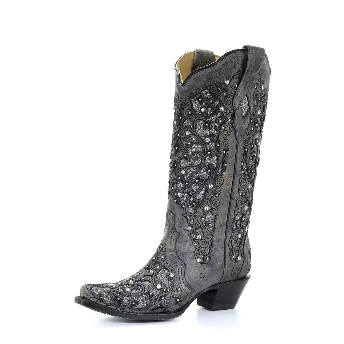 Sequined Embroidered Pointed Toe Boots with Color Block Heel Design - Image 5