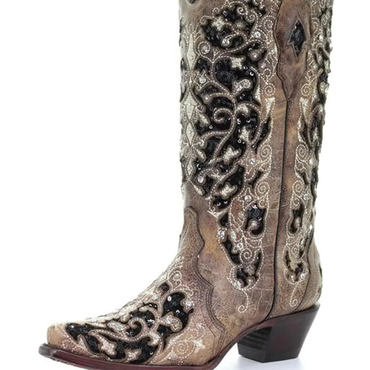 Sequined Embroidered Pointed Toe Boots with Color Block Heel Design - Image 6