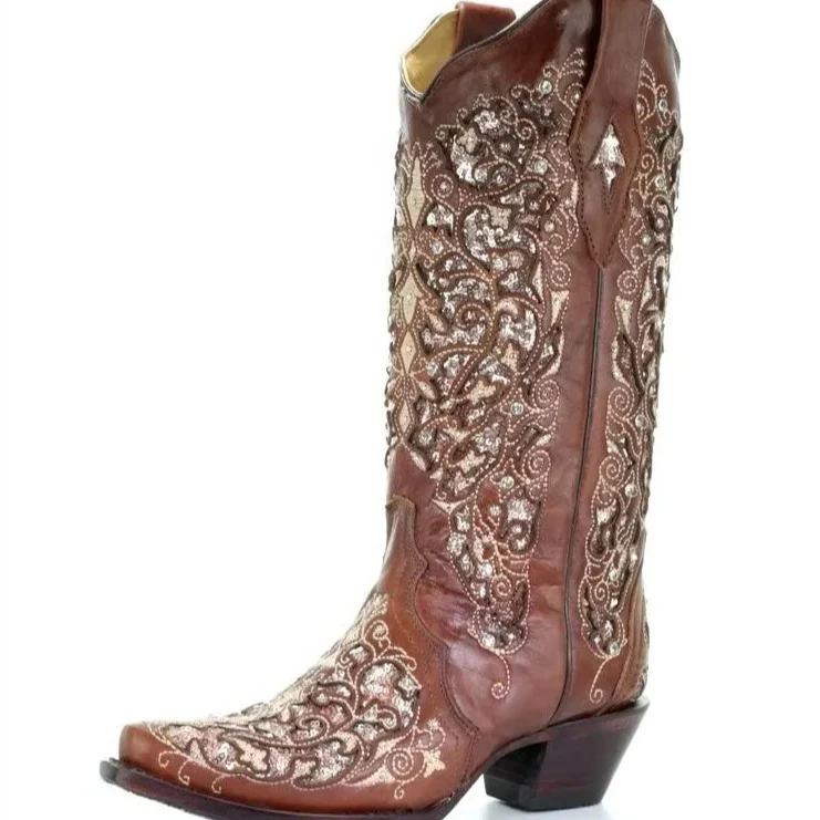 Sequined Embroidered Pointed Toe Boots with Color Block Heel Design - Image 8