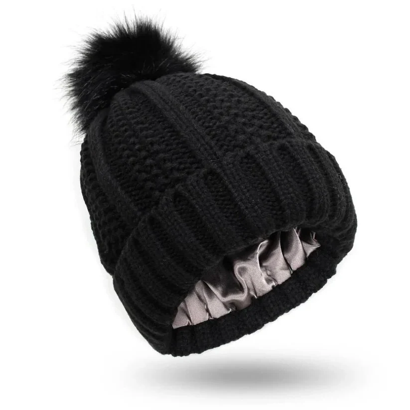 Silk Lined Pompom Beanie for Frizz Control and Static Free Hair - Image 2