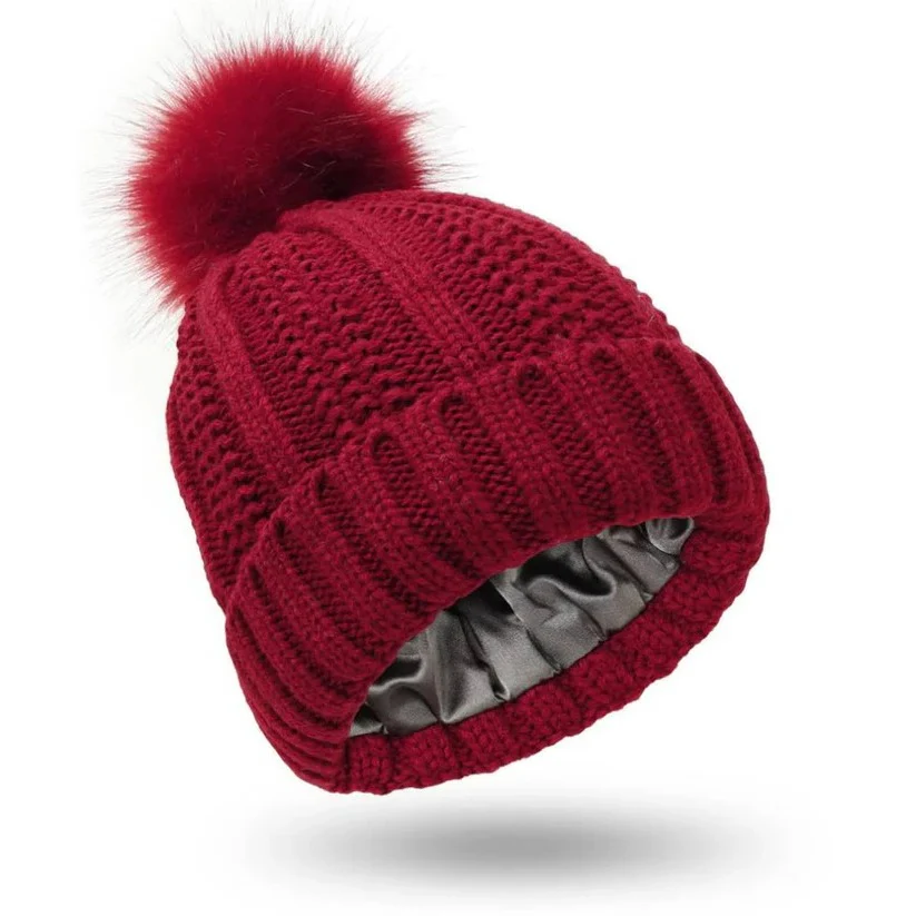 Silk Lined Pompom Beanie for Frizz Control and Static Free Hair - Image 7