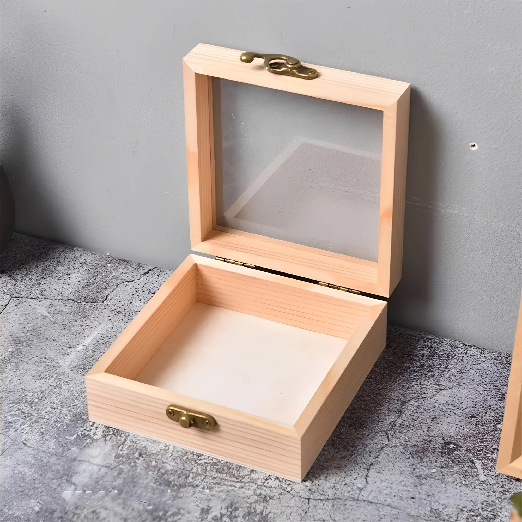 Square Wooden Storage Box with Hinged Lid for Jewelry and Desktop Items - Image 2