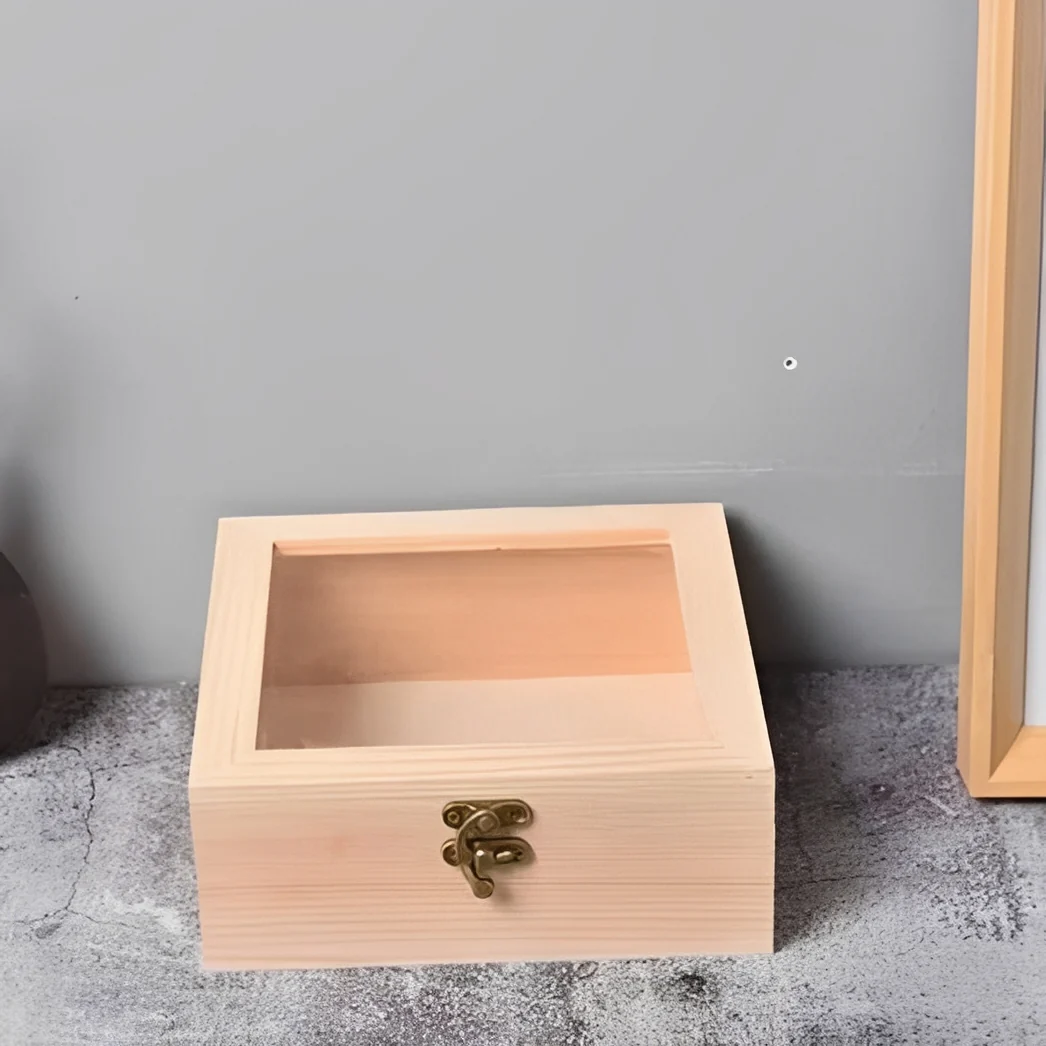 Square Wooden Storage Box with Hinged Lid for Jewelry and Desktop Items - Image 3