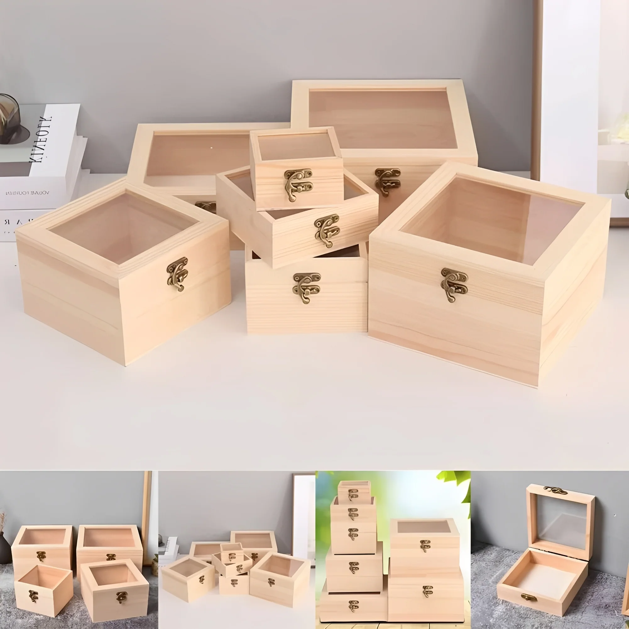 Square Wooden Storage Box with Hinged Lid for Jewelry and Desktop Items - Image 6
