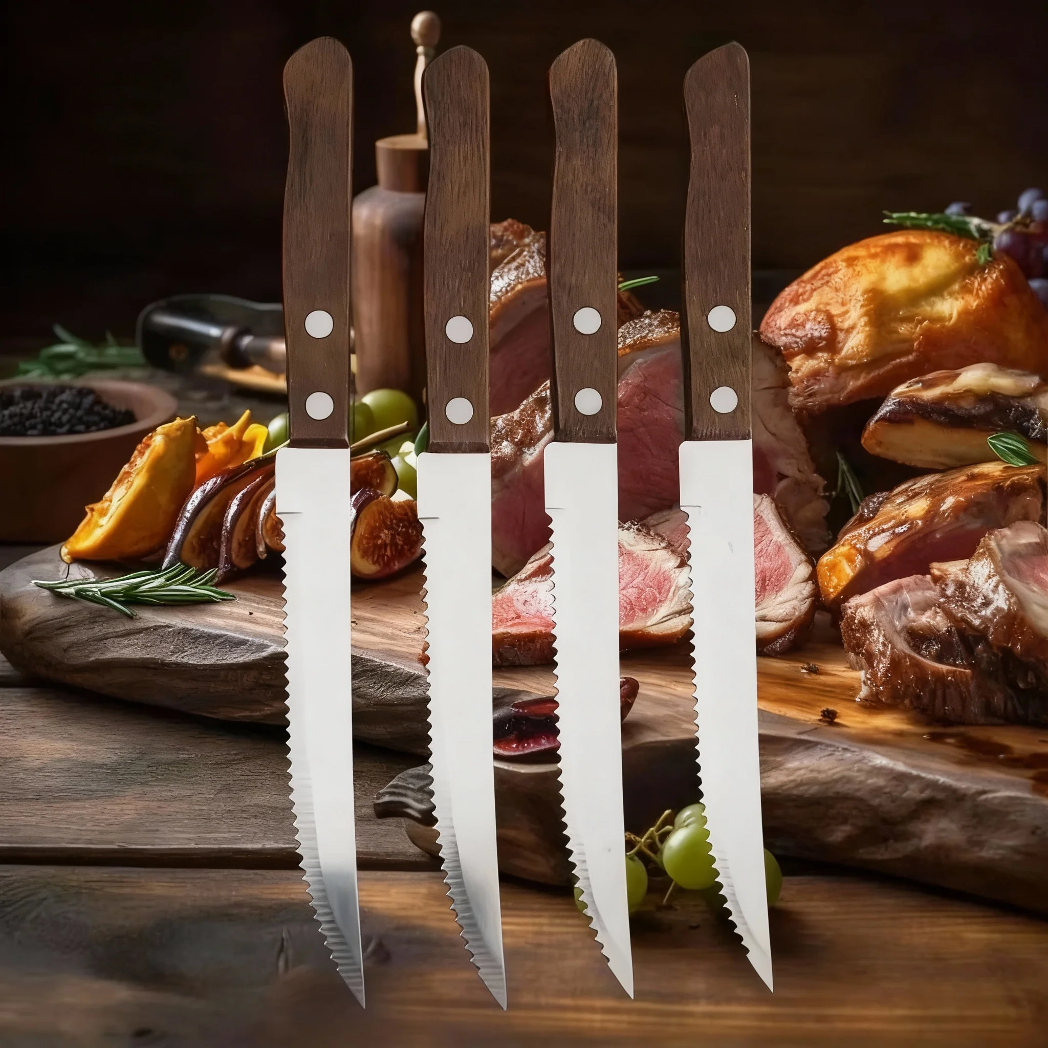 Stainless Steel Steak Knife Set with Wooden Handles & Serrated Edges - Image 3