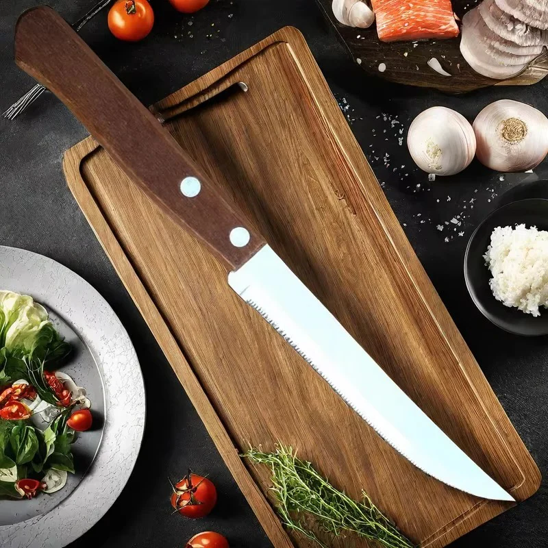 Stainless Steel Steak Knife Set with Wooden Handles & Serrated Edges - Image 4