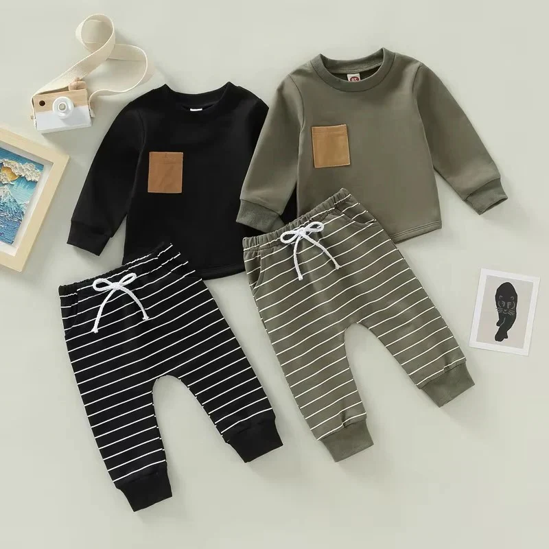 Toddler Boys Fall Outfit Pullover and Striped Pants, Set of 2 - Image 5