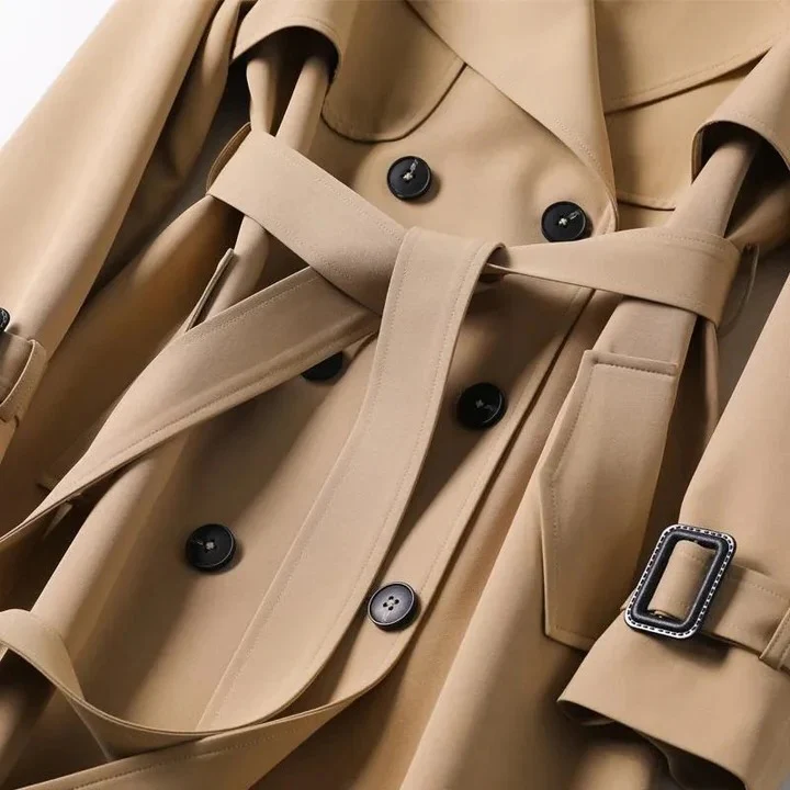Trench Coat with Adjustable Waist Belt and Front Button Closure - Image 6