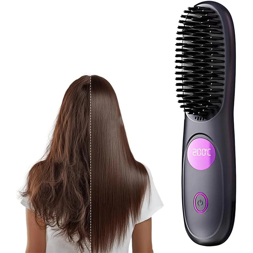 USB Rechargeable Heated Straightening Brush with LED Display and Adjustable Heat Settings - Image 2