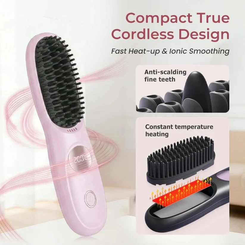 USB Rechargeable Heated Straightening Brush with LED Display and Adjustable Heat Settings - Image 4