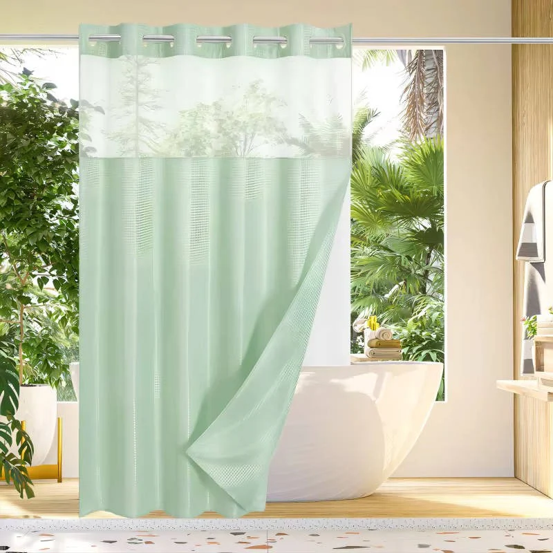 Waffle Weave Shower Curtain with Mesh Window and Snap In Liner - Image 11