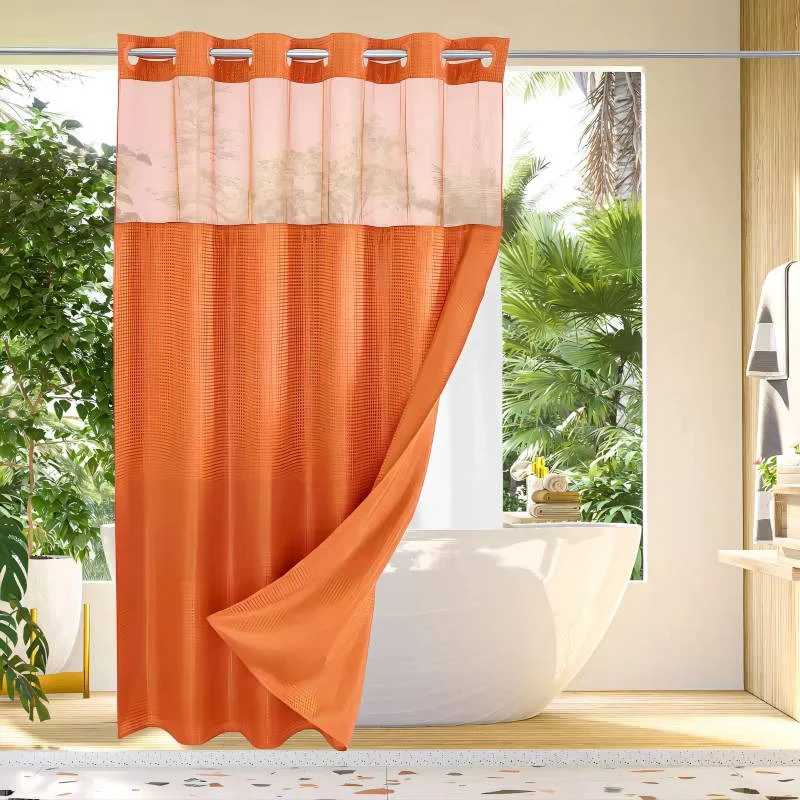 Waffle Weave Shower Curtain with Mesh Window and Snap In Liner - Image 3