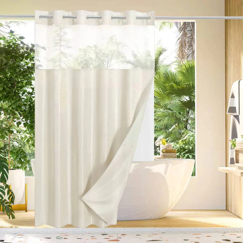 Waffle Weave Shower Curtain with Mesh Window and Snap In Liner - Image 5