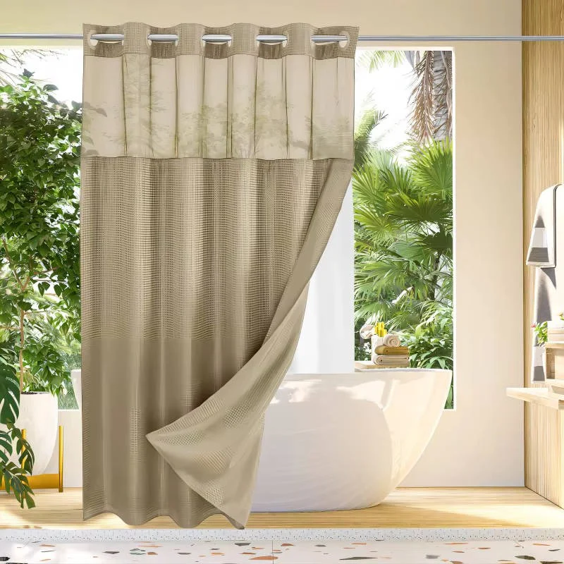Waffle Weave Shower Curtain with Mesh Window and Snap In Liner - Image 7