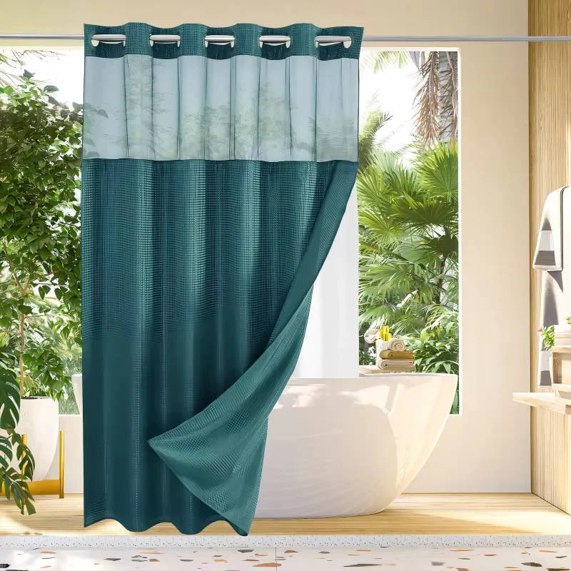 Waffle Weave Shower Curtain with Mesh Window and Snap In Liner - Image 9