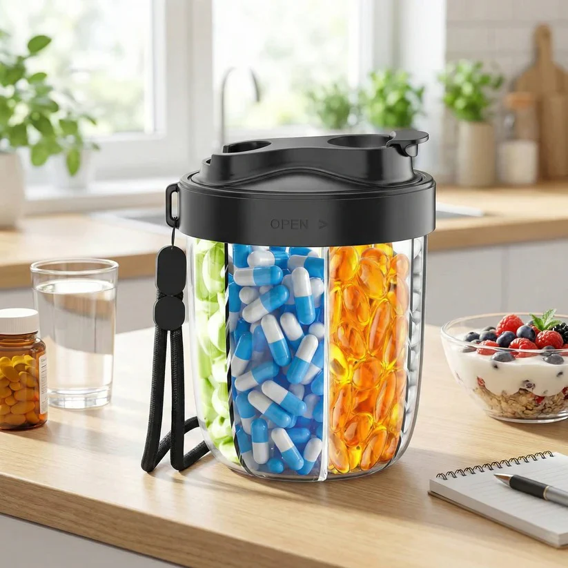 Weekly Pill Case with 4 Sections, Wide Opening Compartments and Carrying Strap for Travel - Image 6