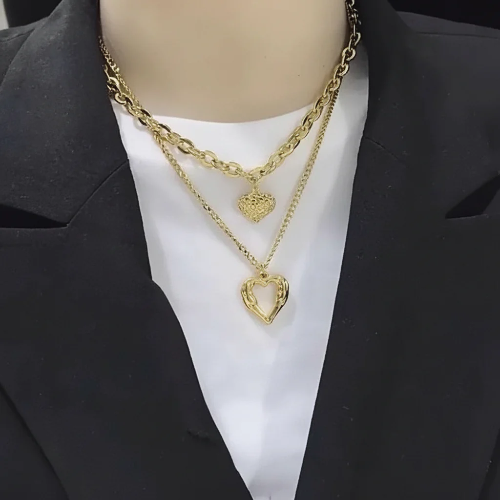 Women's Double Layer Choker Heart Charm and Cuban Link Chain Necklace - Image 4