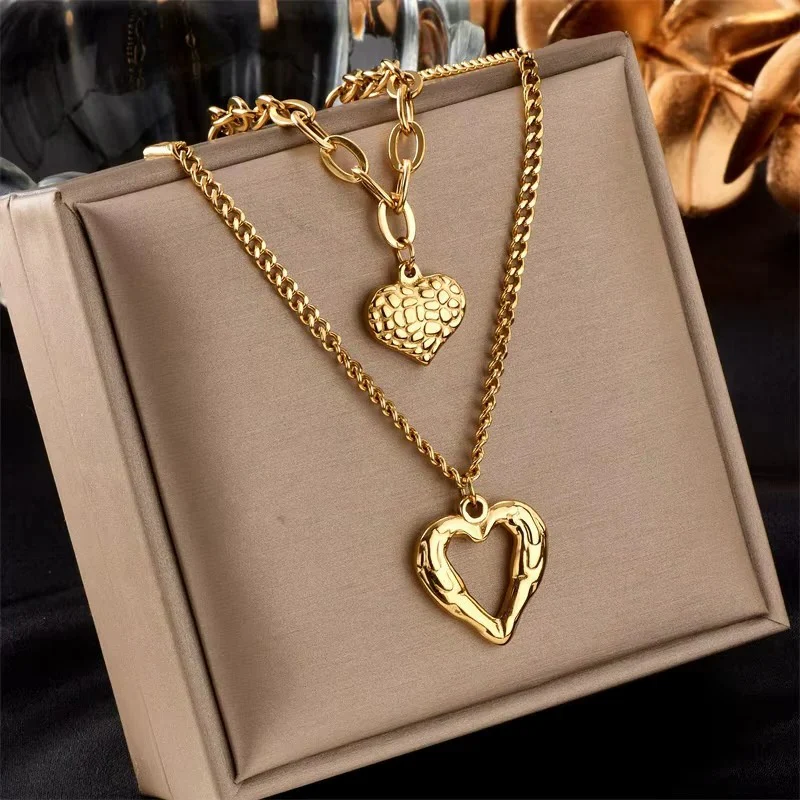 Women's Double Layer Choker Heart Charm and Cuban Link Chain Necklace - Image 5