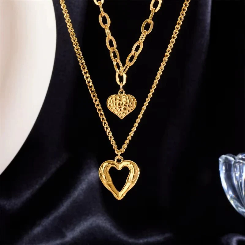 Women's Double Layer Choker Heart Charm and Cuban Link Chain Necklace - Image 6