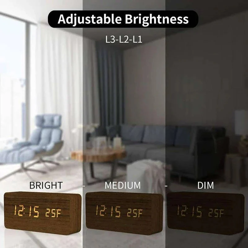 Digital Wood Grain Alarm Clock with 3 Alarms and Adjustable Brightness - Image 10