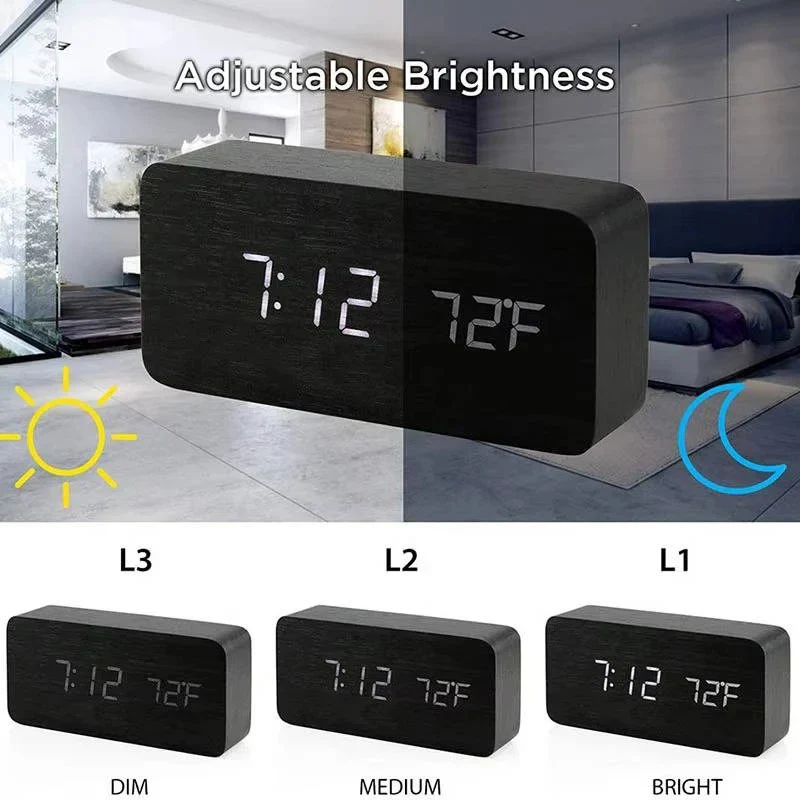 Digital Wood Grain Alarm Clock with 3 Alarms and Adjustable Brightness - Image 12