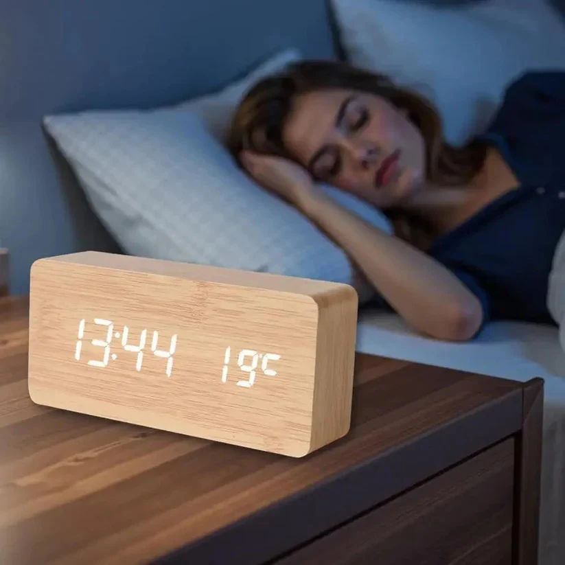 Digital Wood Grain Alarm Clock with 3 Alarms and Adjustable Brightness - Image 7