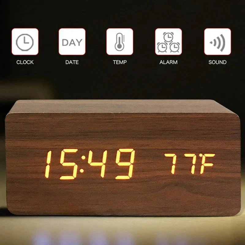Digital Wood Grain Alarm Clock with 3 Alarms and Adjustable Brightness - Image 9