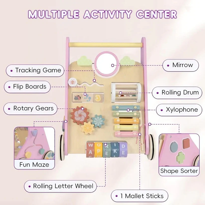 Wooden Activity Walker with Adjustable Wheel Resistance - Image 12